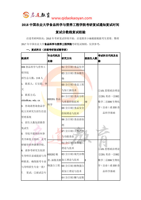 2018中国农业大学食品科学与营养工程学院考研复试通知复试时间复试分数线复试经验