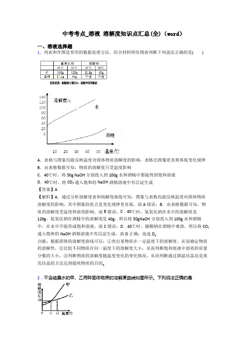 中考考点_溶液 溶解度知识点汇总(全)(word)