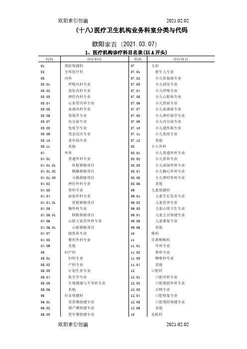 全国医疗卫生机构业务科室分类与代码之欧阳家百创编