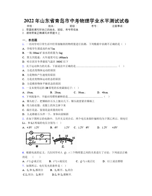 2022年山东省青岛市中考物理学业水平测试试卷及解析