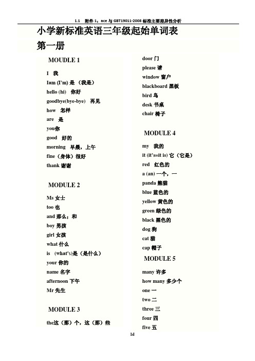 新小学新标准英语三年级起始单词表