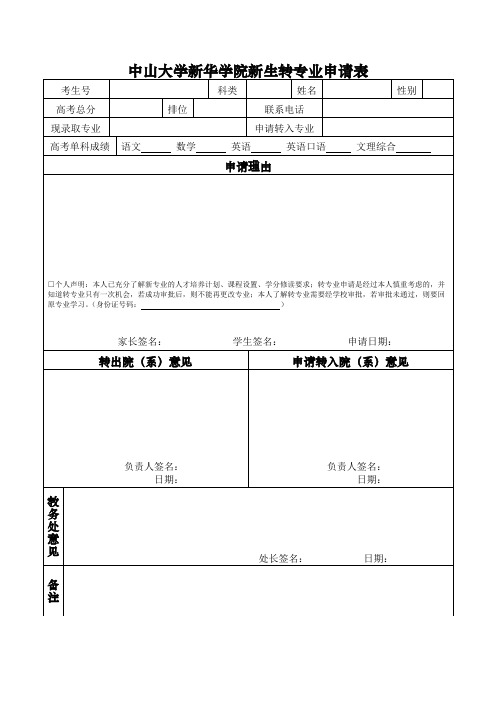 中山大学新华学院新生转专业申请表