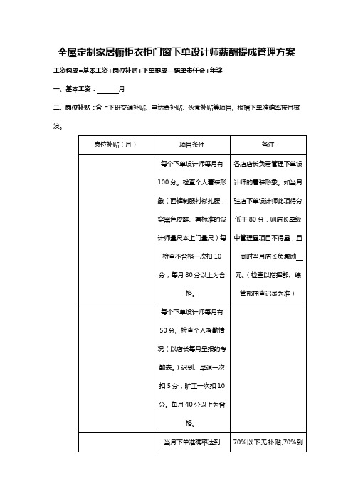 全屋定制家居橱柜衣柜门窗下单设计师薪酬提成管理方案