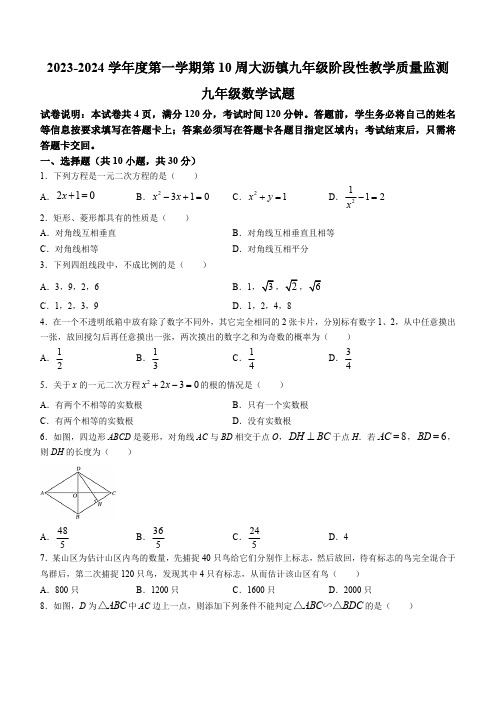 广东省佛山市南海区大沥镇初级中学2023-2024学年九年级上学期期中数学试题(含答案)