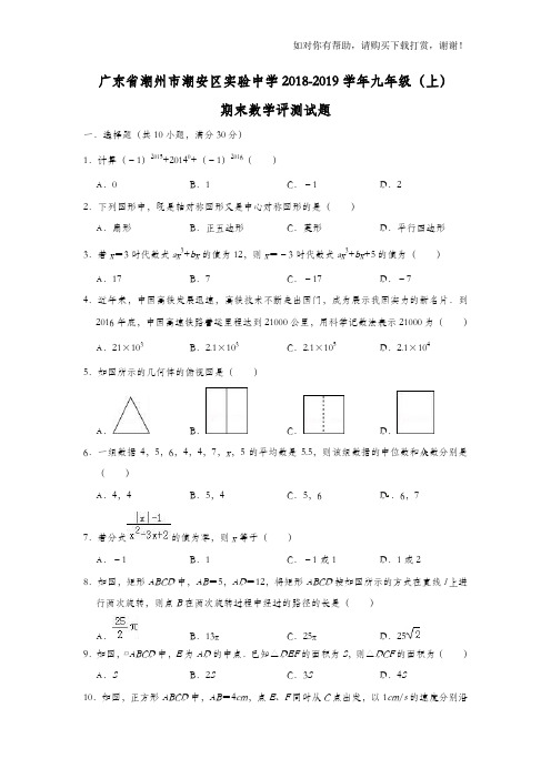 广东省潮州市潮安区实验中学2018-2019学年九年级(上)期末数学评测试题(含答案)