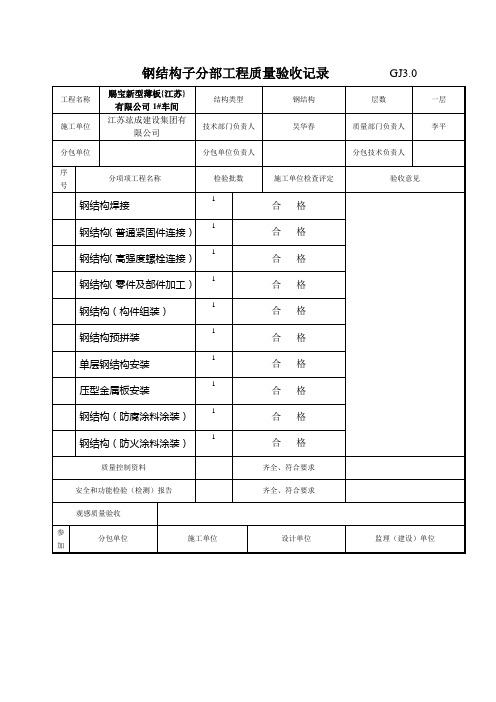 钢结构子分部工程质量验收记录         GJ3