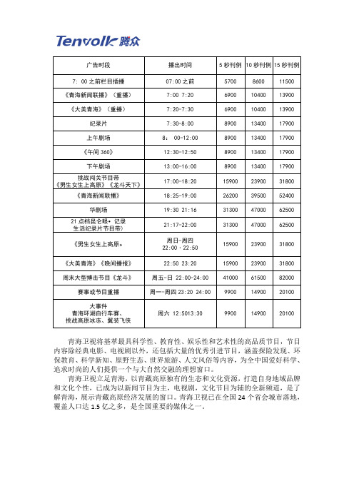 青海卫视广告价格及青海电视台广告价格表