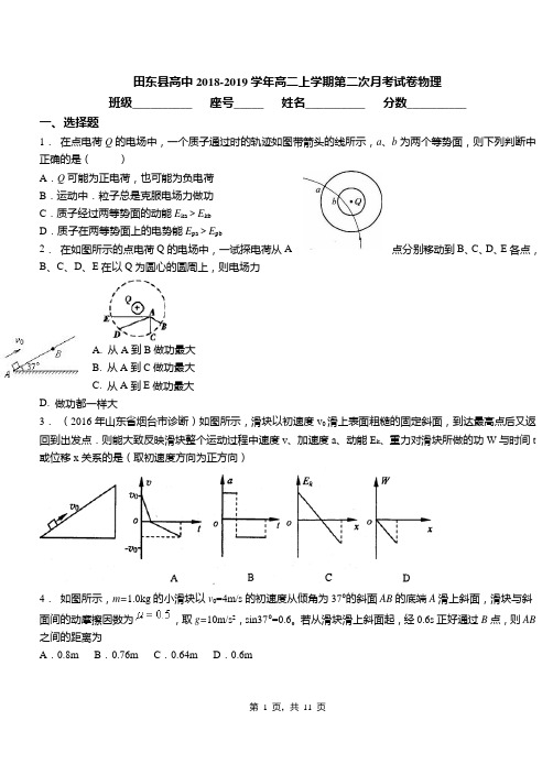 田东县高中2018-2019学年高二上学期第二次月考试卷物理