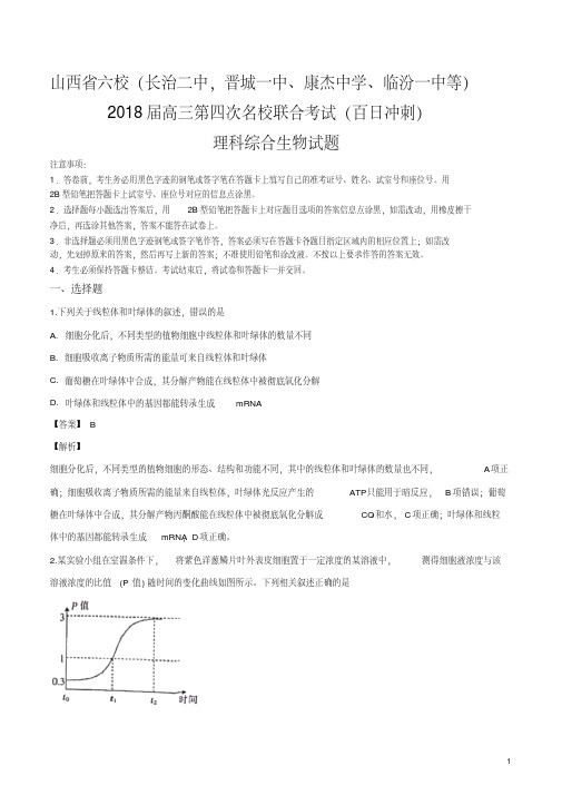 山西省六校(长治二中,晋城一中、康杰中学、临汾一中等)2018届高三第四次名(百日冲刺)理科综合生物