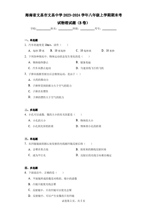 海南省文昌市文昌中学2023-2024学年八年级上学期期末考试物理试题(B卷)