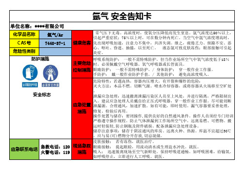 氩气 安全告知卡