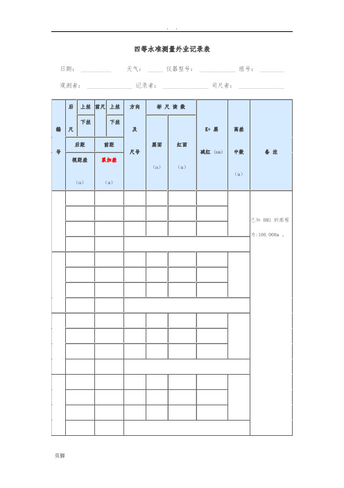 四等水准测量外业记录表