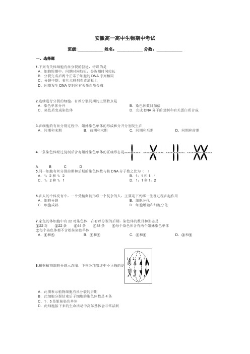 安徽高一高中生物期中考试带答案解析
