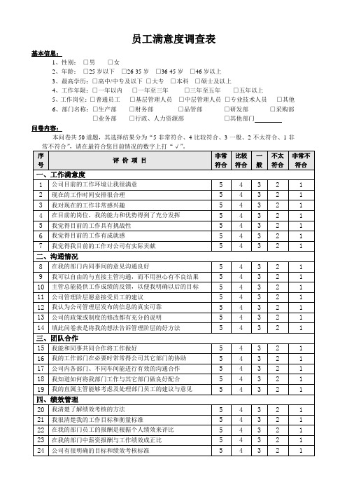 员工满意度调查表(实用)