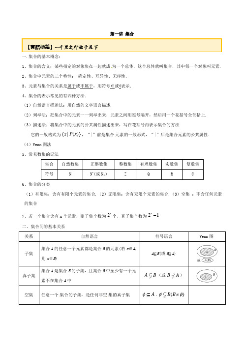 20届高考数学一轮复习讲义(提高版) 专题1.1 集合(原卷版)