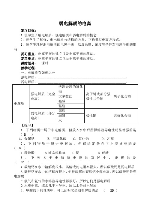 高中化学苏教版选修4弱电解质的电离教案