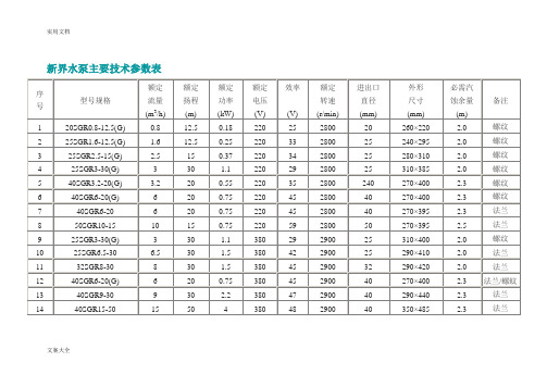 新界水泵主要技术全参数表