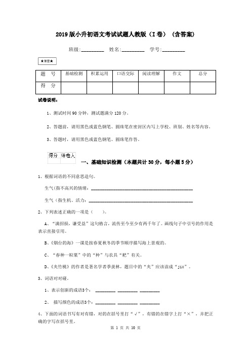 2019版小升初语文考试试题人教版(I卷) (含答案)