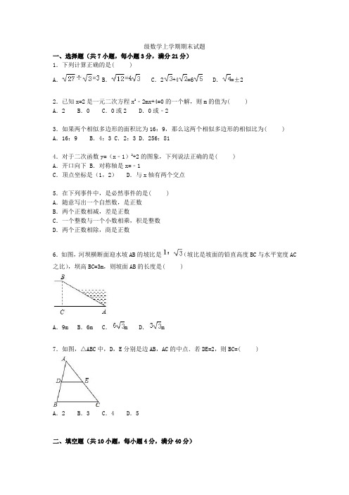 福建省泉州市洛江区2021届九年级数学上学期期末试题(含解析) 新人教版