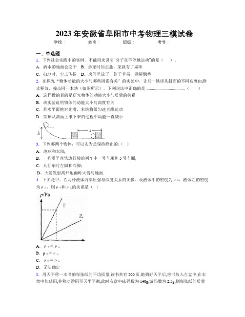 最新2023年安徽省阜阳市中考物理三模试卷及解析