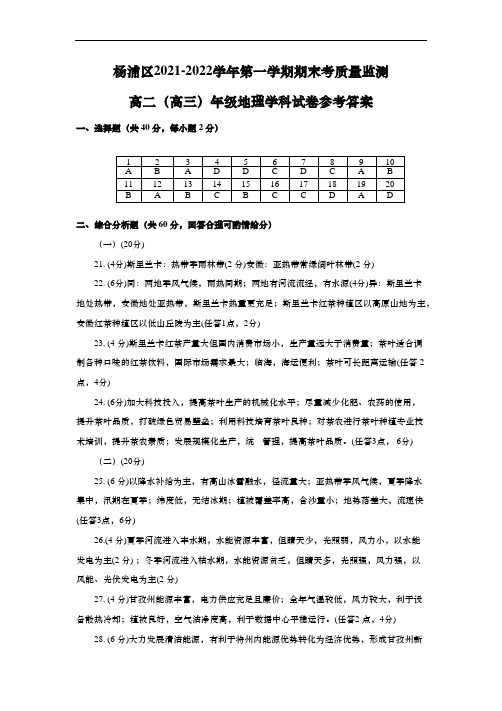 上海市杨浦区2022年高二(高三)第一学期期末考质量监测(一模)地理答案