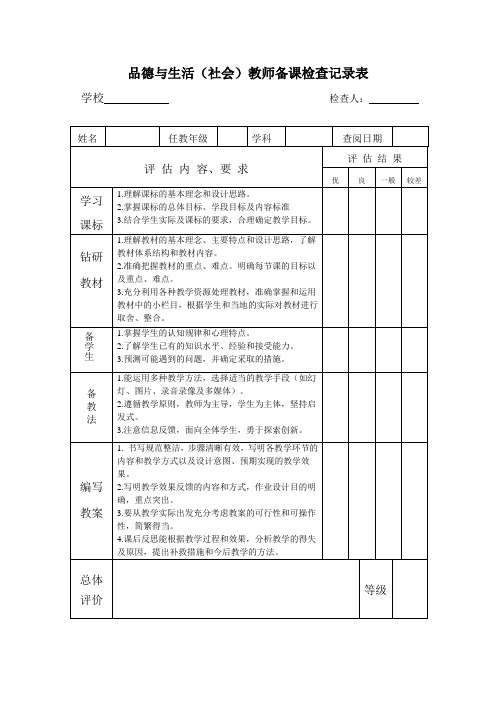 品德与生活(社会)教师备课检查记录表