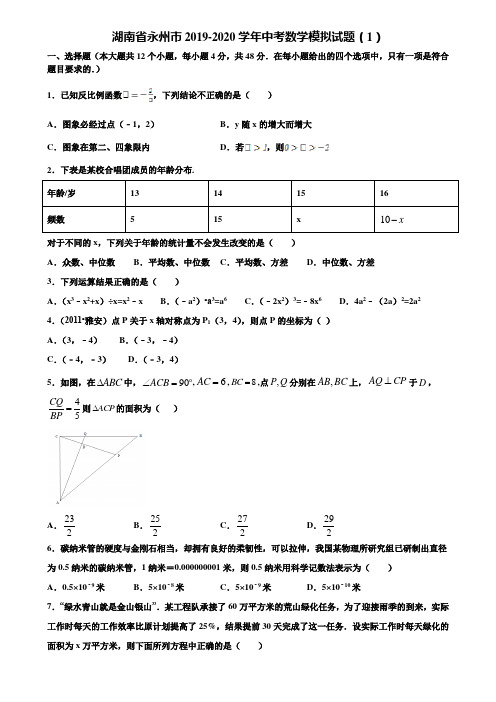 湖南省永州市2019-2020学年中考数学模拟试题(1)含解析