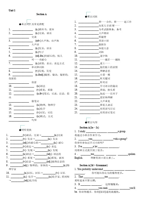 九年级(全一册)单元重点单词、词组、句型默写手册