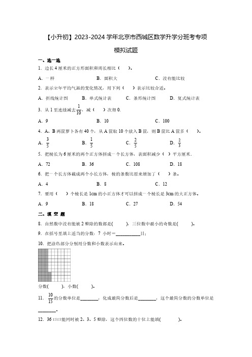 【小升初】2023-2024学年北京市西城区数学升学分班考专项模拟试题2套(含解析)