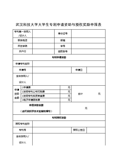 武汉科技大学大学生专利申请资助与授权奖励申报表