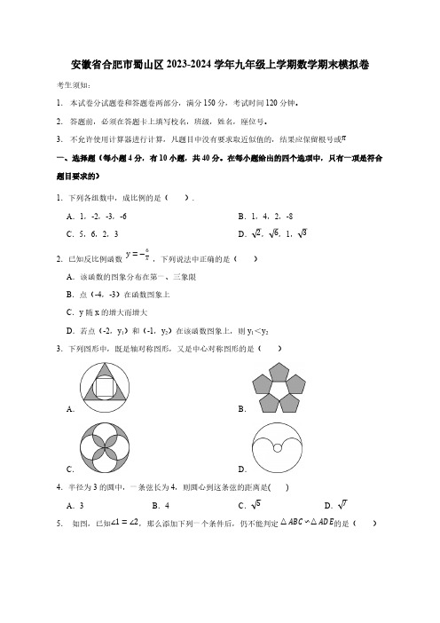 安徽省合肥市蜀山区2023-2024学年九年级上学期数学期末模拟卷一(含答案)