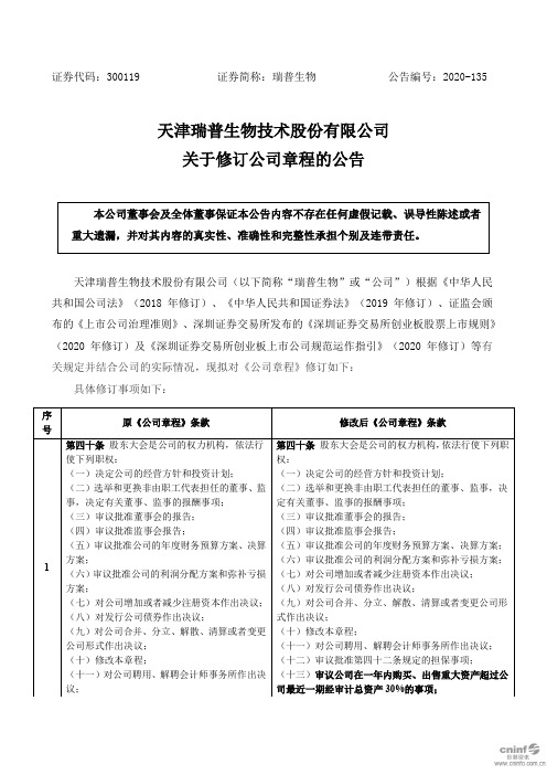 瑞普生物:关于修订公司章程的公告