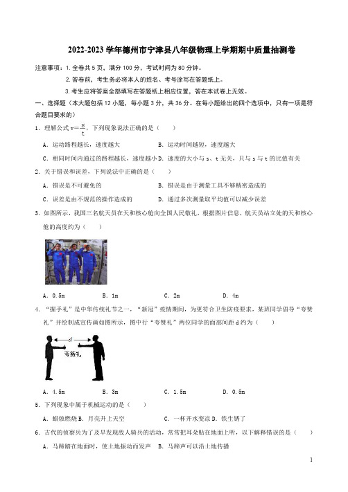 2022-2023学年德州市宁津县八年级物理上学期期中质量抽测卷附答案