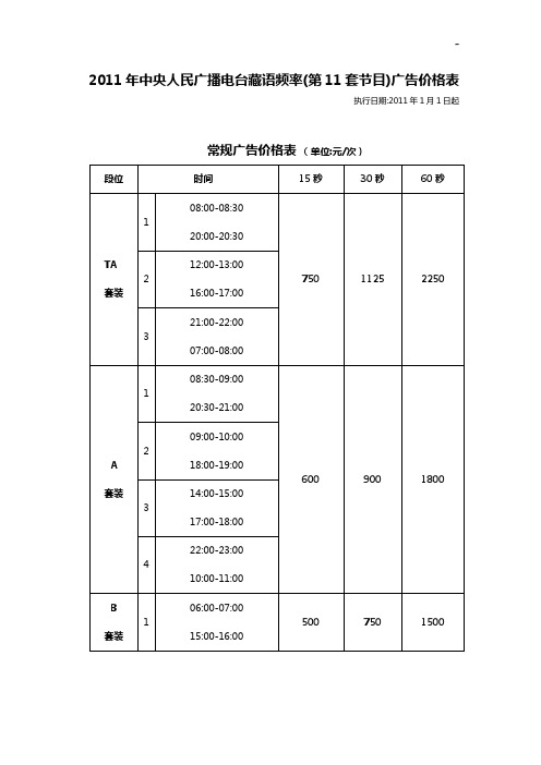 2011年中央人民广播电台藏语频率(第11套节目)广告价格表