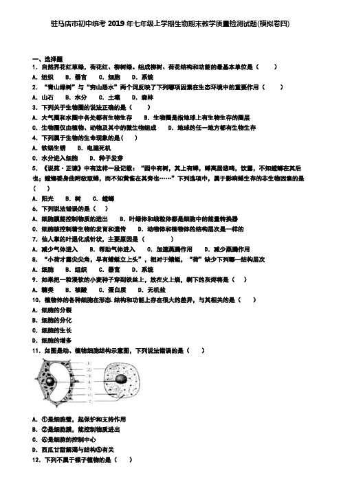 驻马店市初中统考2019年七年级上学期生物期末教学质量检测试题(模拟卷四)