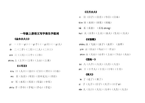 部编一年级上册语文写字表生字组词