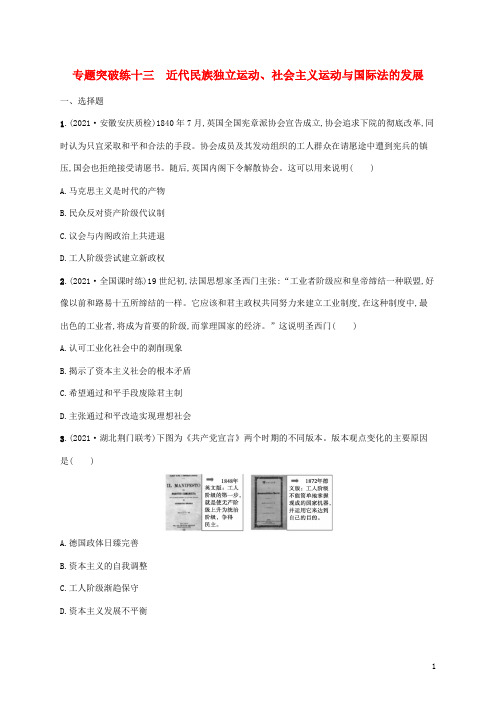 新教材高考历史二轮复习专题突破练十三近代民族独立运动社会主义运动与国际法的发展含解析