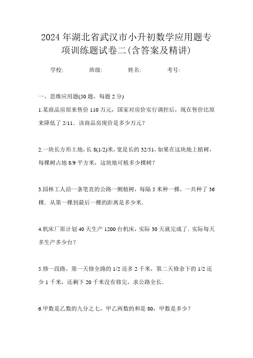 2024年湖北省武汉市小升初数学应用题专项训练题试卷二(含答案及精讲)