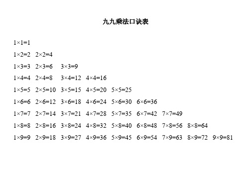 小九九乘法口诀表(免费打印)