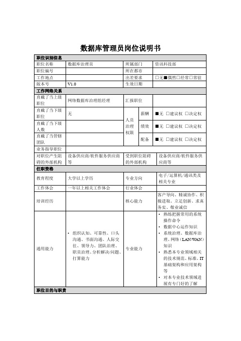 数据库管理员岗位说明书