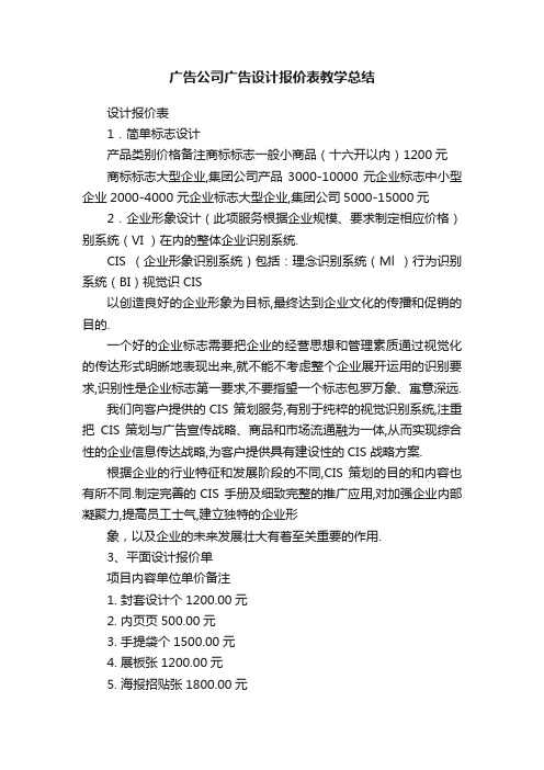 广告公司广告设计报价表教学总结