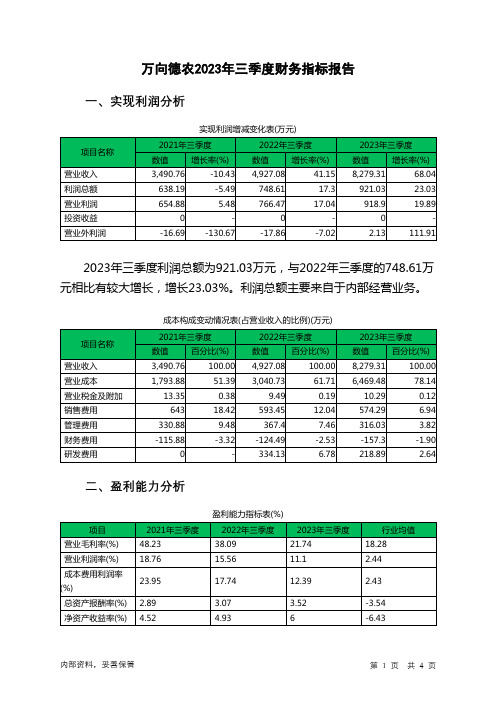 600371万向德农2023年三季度财务指标报告