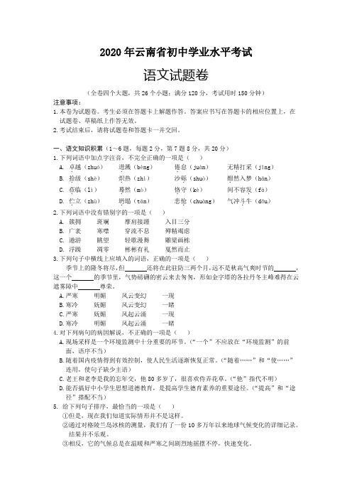 2020年云南省初中学业水平考试语文试题卷及参考答案