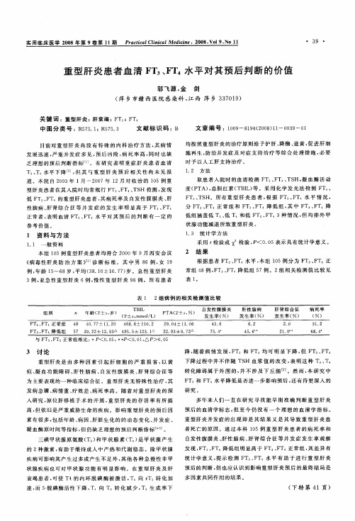 重型肝炎患者血清FT3、FT4水平对其预后判断的价值