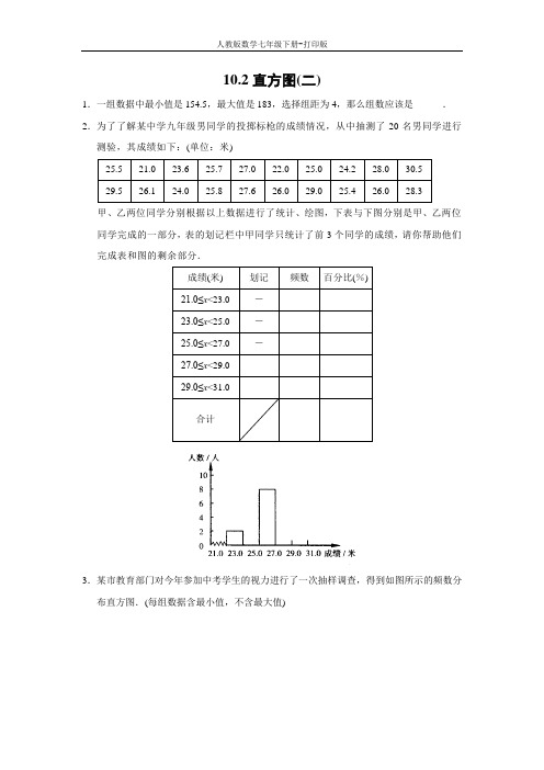 人教版数学七年级下册-10.2直方图(2)课后作业