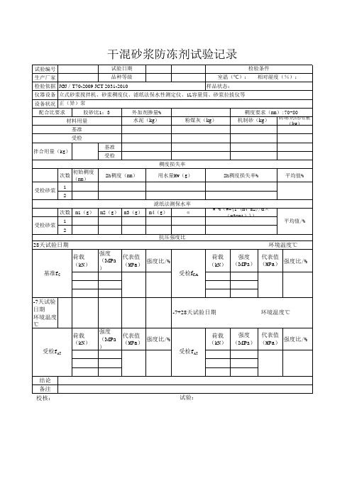 干混砂浆防冻剂试验记录及报告-表格