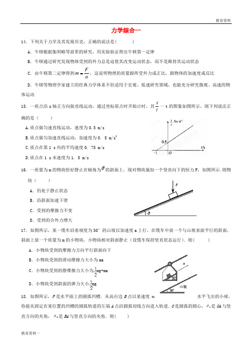 2019年高考物理复习 力学综合卷1后考卷(无答案)