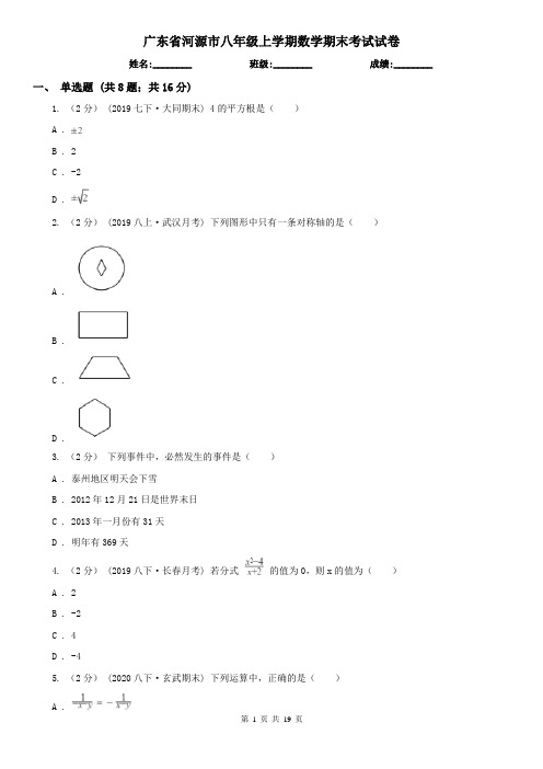 广东省河源市八年级上学期数学期末考试试卷