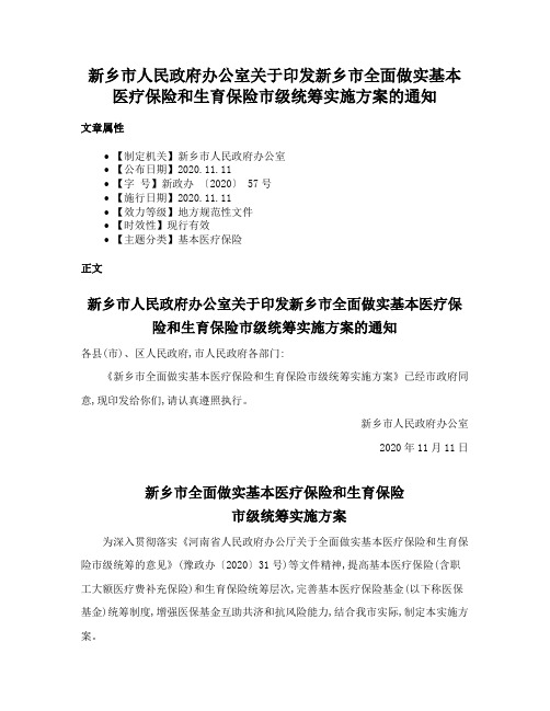 新乡市人民政府办公室关于印发新乡市全面做实基本医疗保险和生育保险市级统筹实施方案的通知