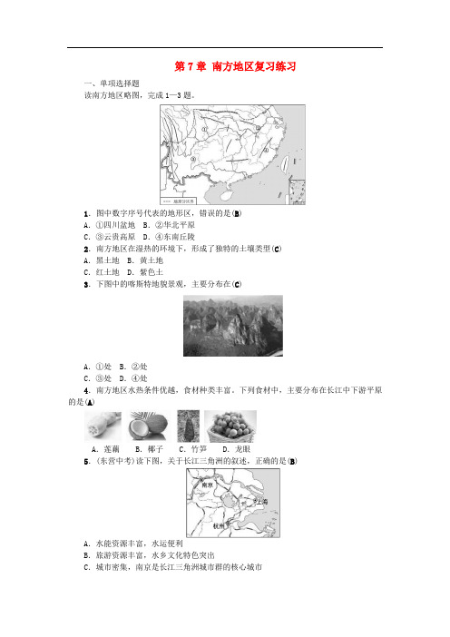 全国通用版2019年中考地理八年级部分第7章南方地区复习练习(含答案)